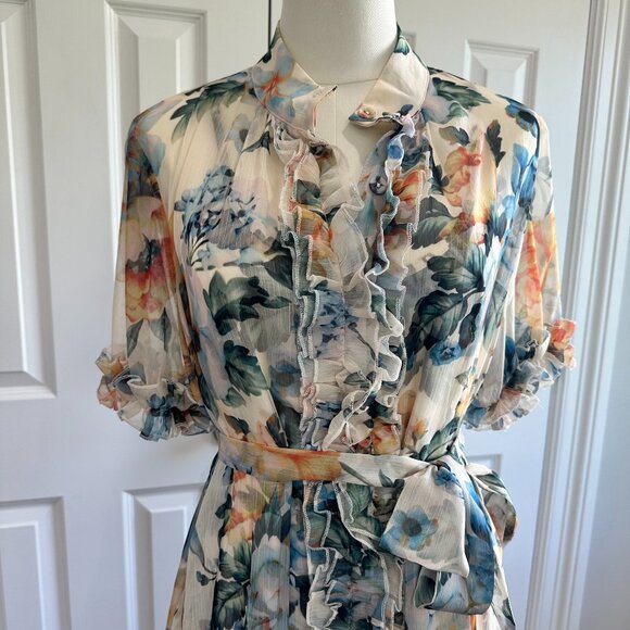 Aladore Floral Blue Orange Ruffle Tie Summer Vacation Cocquette Girl Dress Size6 - Picture 3 of 12